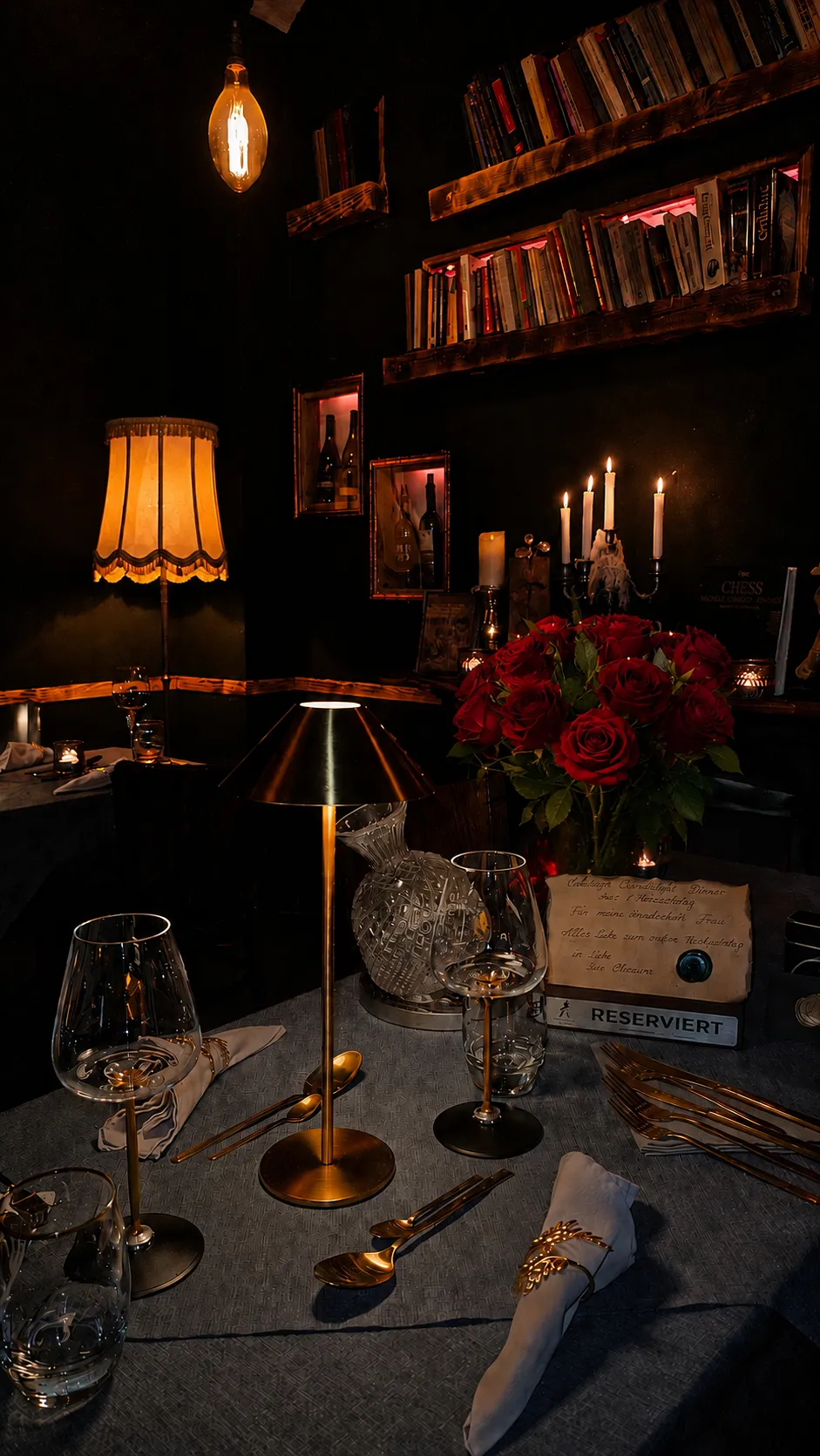 Gedeckter Candlelight Tisch im Vorwerck Berlin mit Kerzenlicht und roter Rose