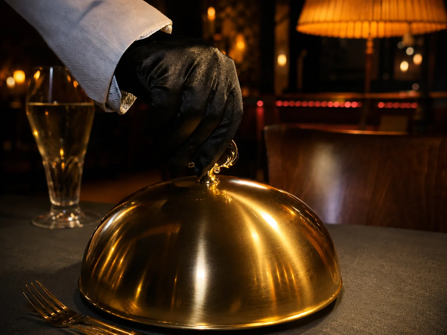 Goldene Cloche, gehoben von einer Hand im schwarzen Handschuh