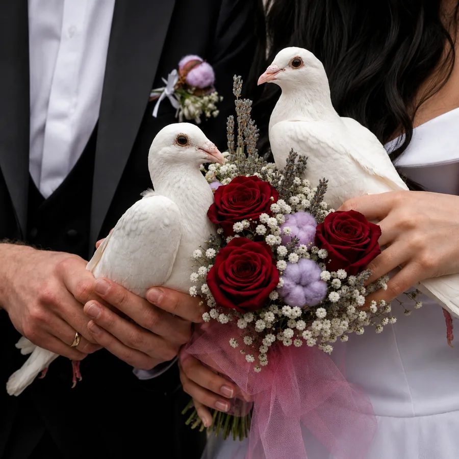 Brautpaar mit weißen Tauben und rotem Brautstrauß bei einer Hochzeit im Vorwerck Berlin