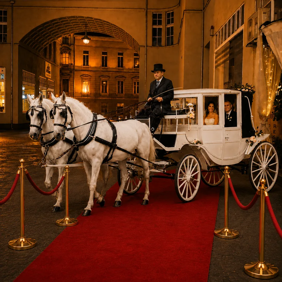 Weiße Hochzeitskutsche mit Pferden auf dem roten Teppich vor dem Vorwerck Berlin